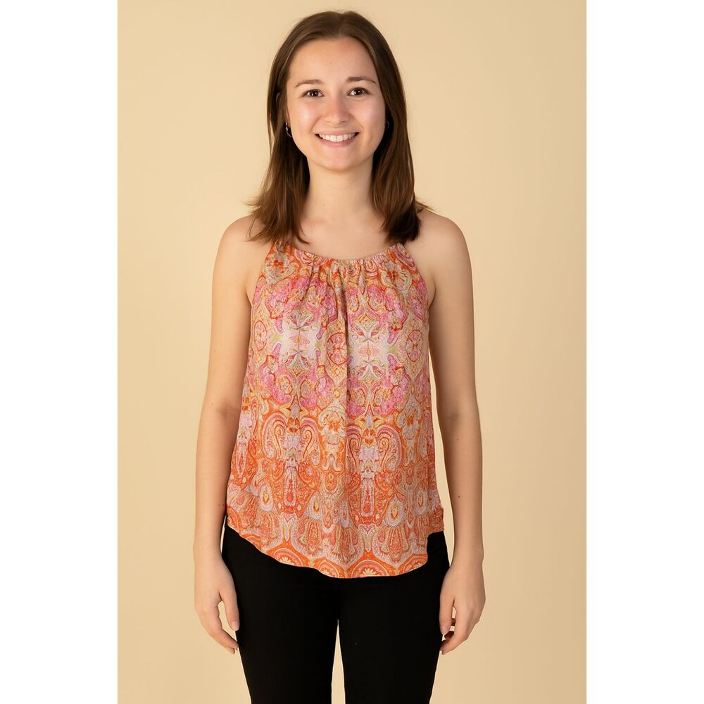 Violet and Claire colorful camisole top in orange print. Size S